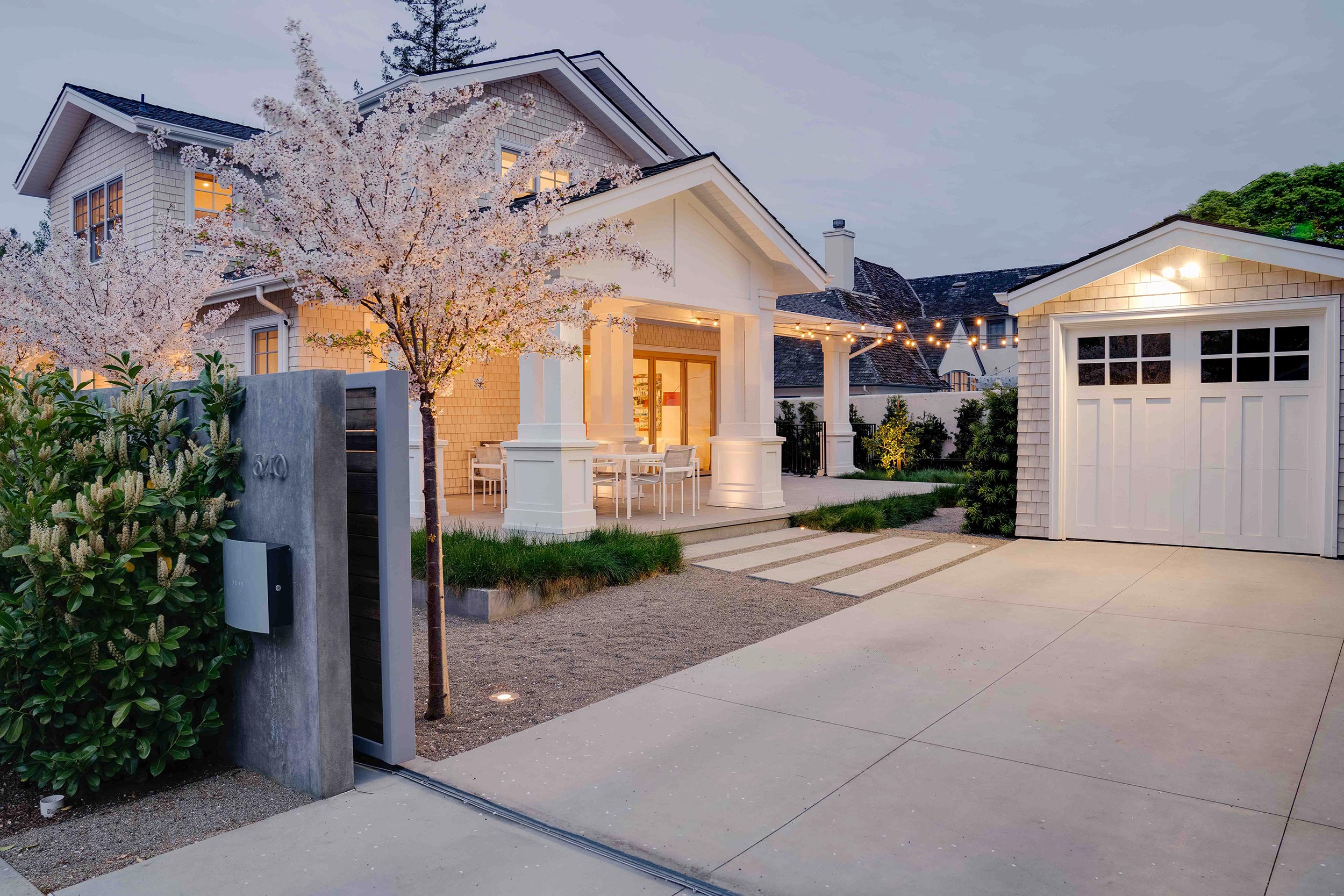 Creating Spaces Palo Alto, CA Driveway entry at dusk