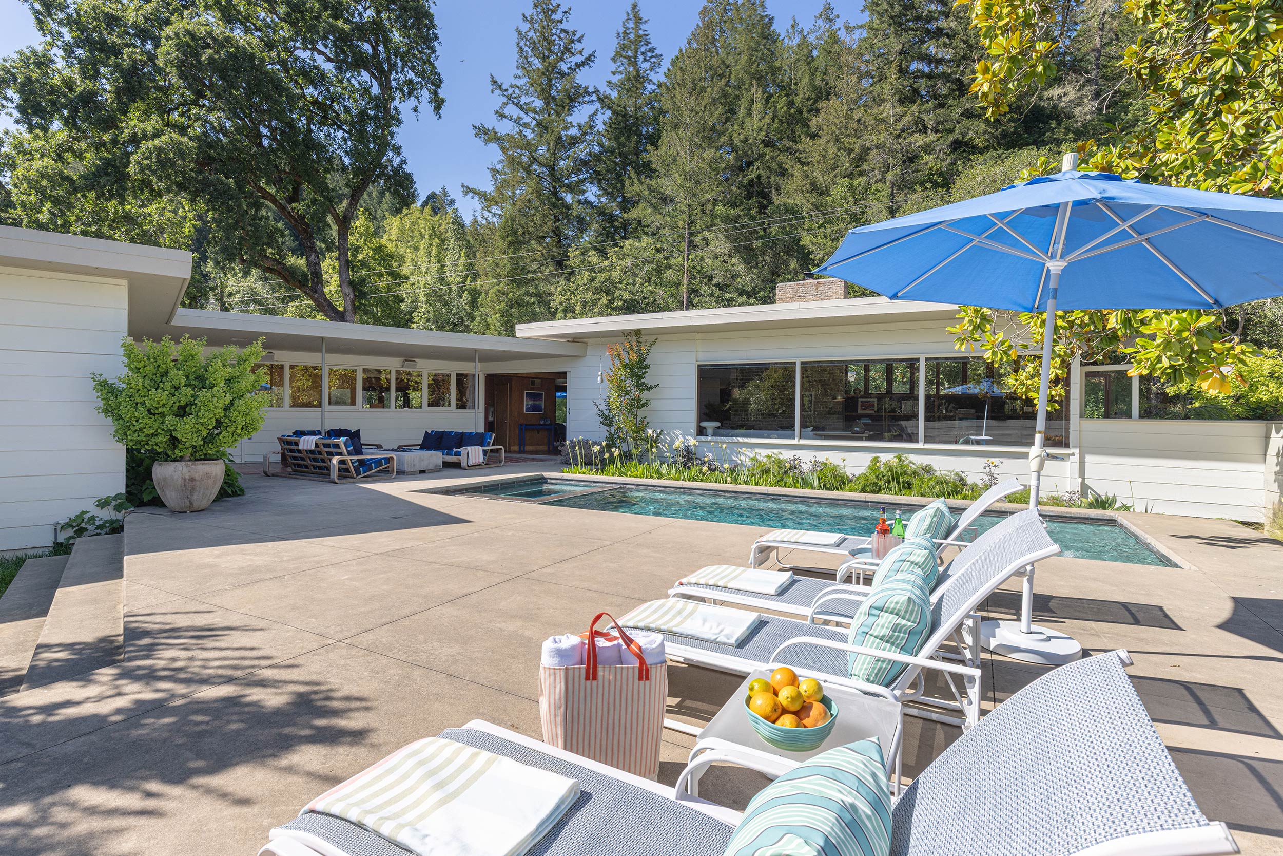 Modern Mid-century Forestville, CA pool area and seating