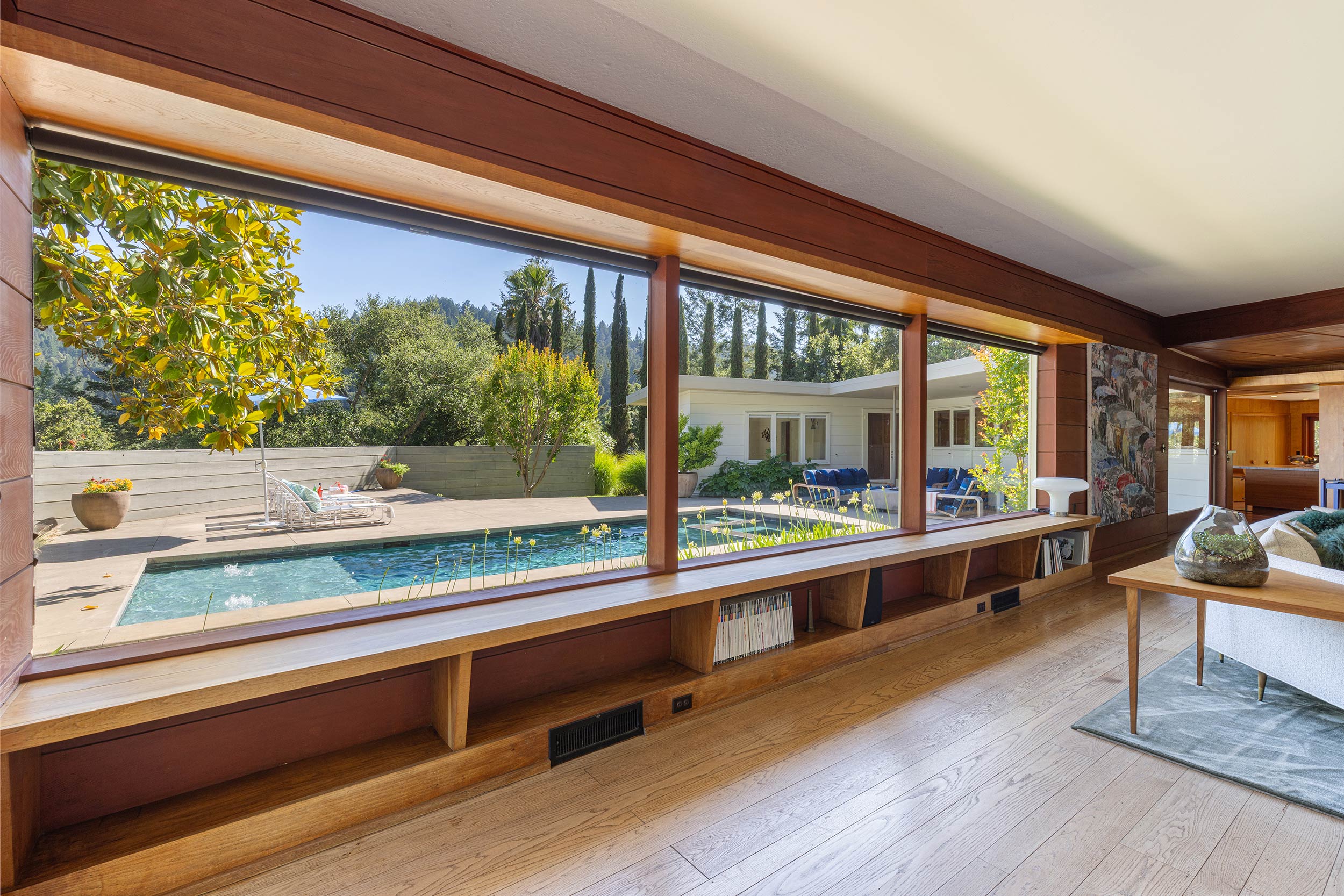 Modern Mid-century Forestville, CA room with a view of pool area