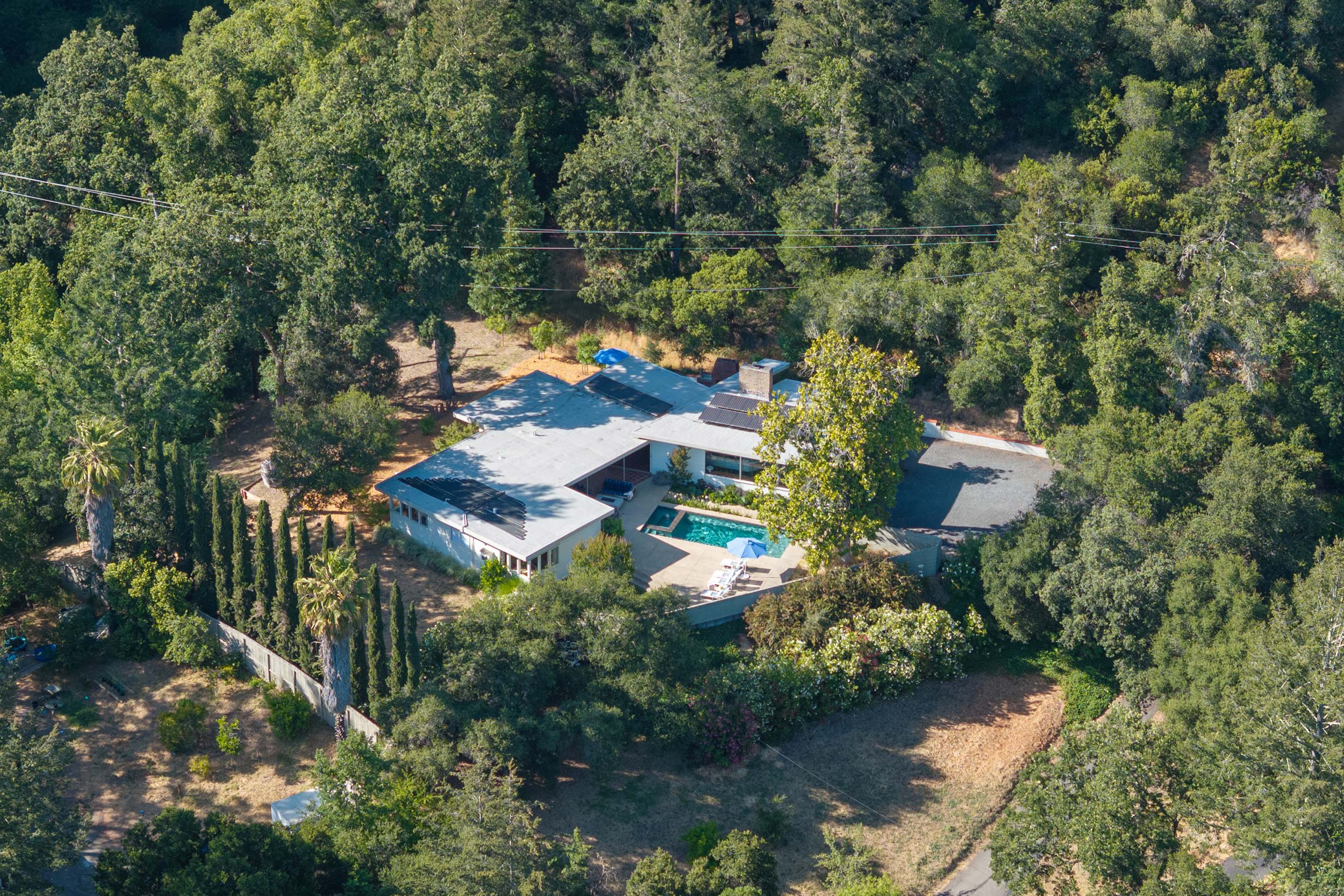 Modern Mid-century Forestville, CA aerial view of property